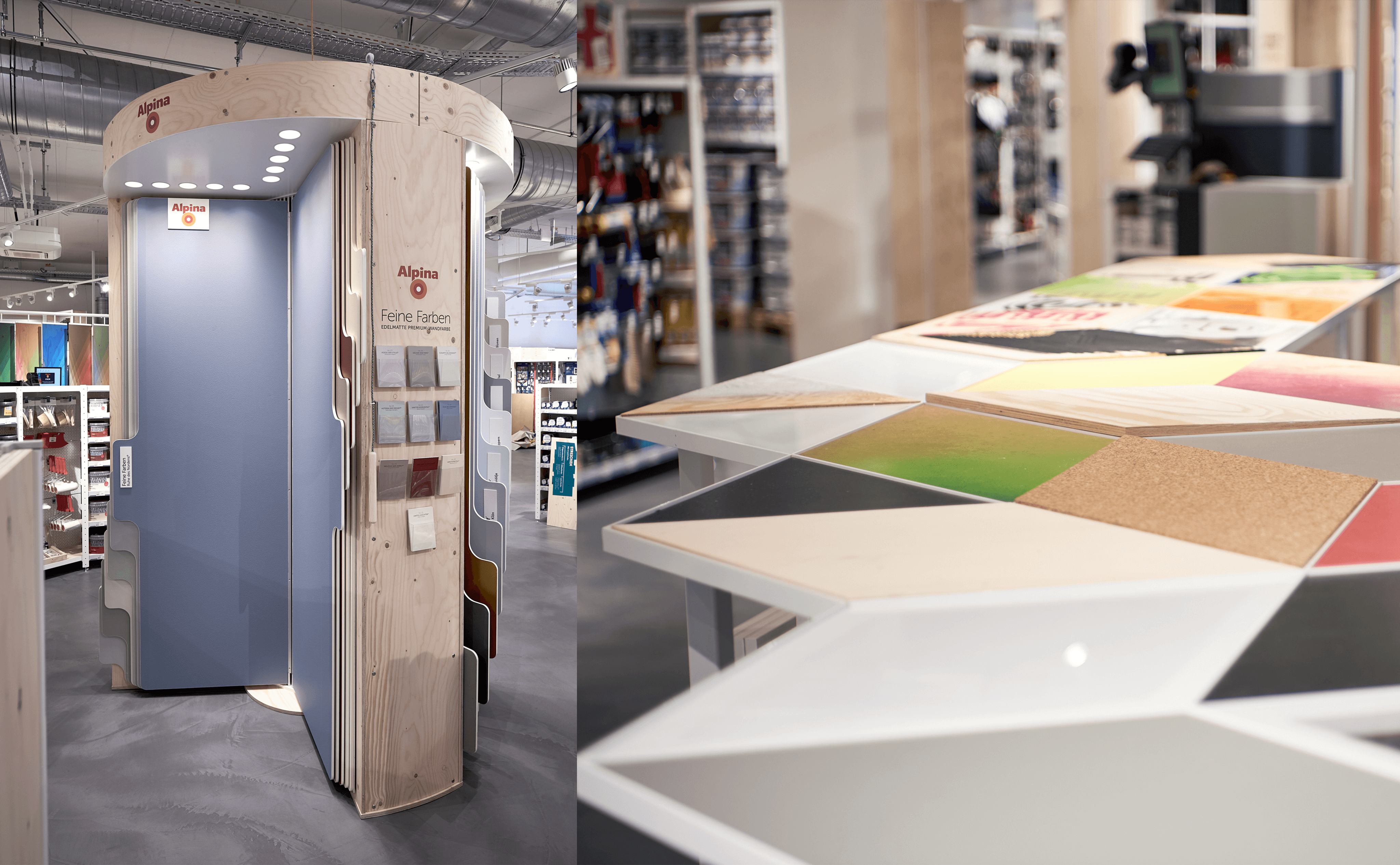 Blick in ein weiter entwickeltes Modell vom teo mit Holz-Regalträgern, Metallregalen und Originalbeleuchtung.