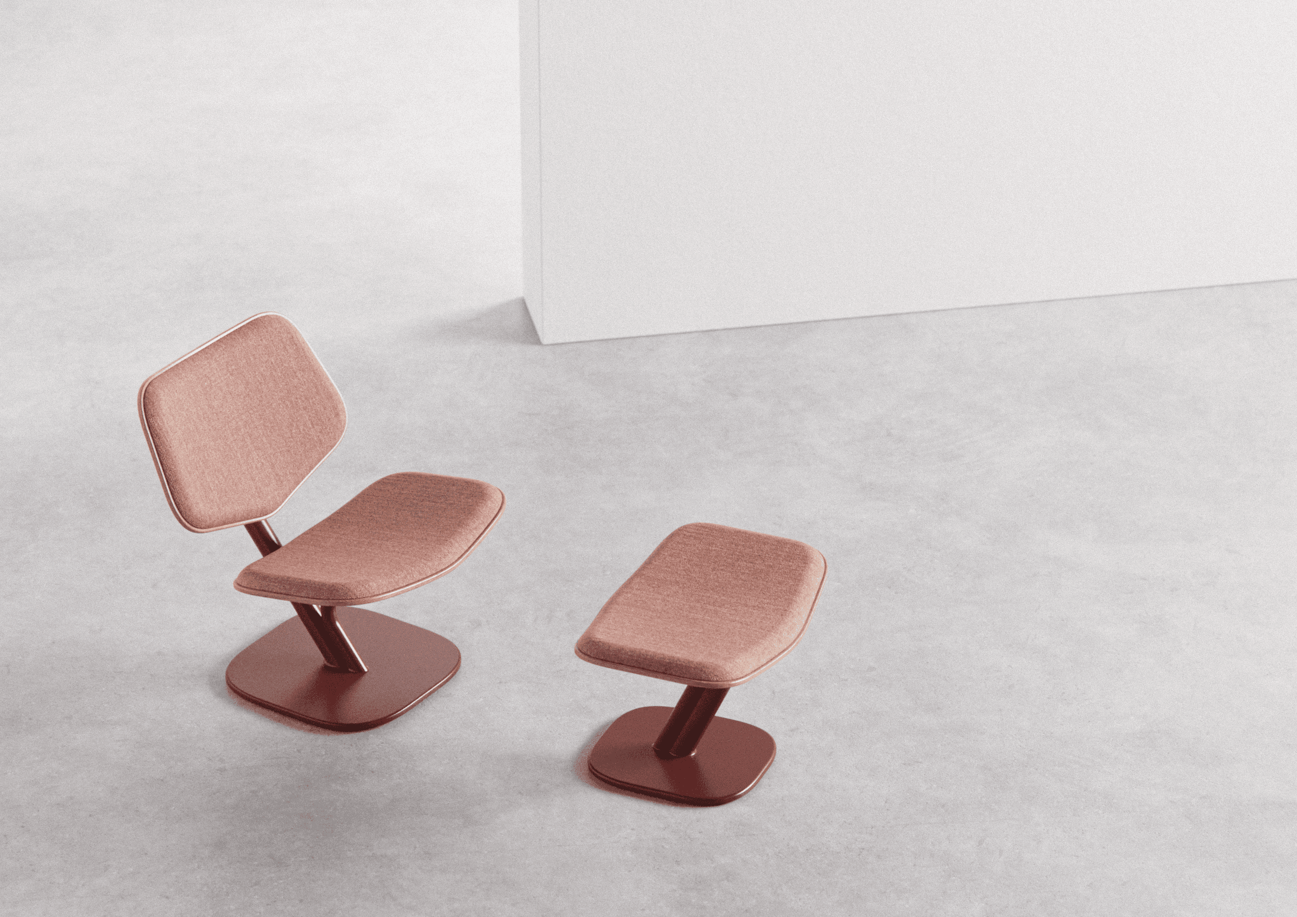 Till Lounge Chair and ottoman overhead view, red woven upholstery on bent plywood with red pedestal base, designed by noknok Studio