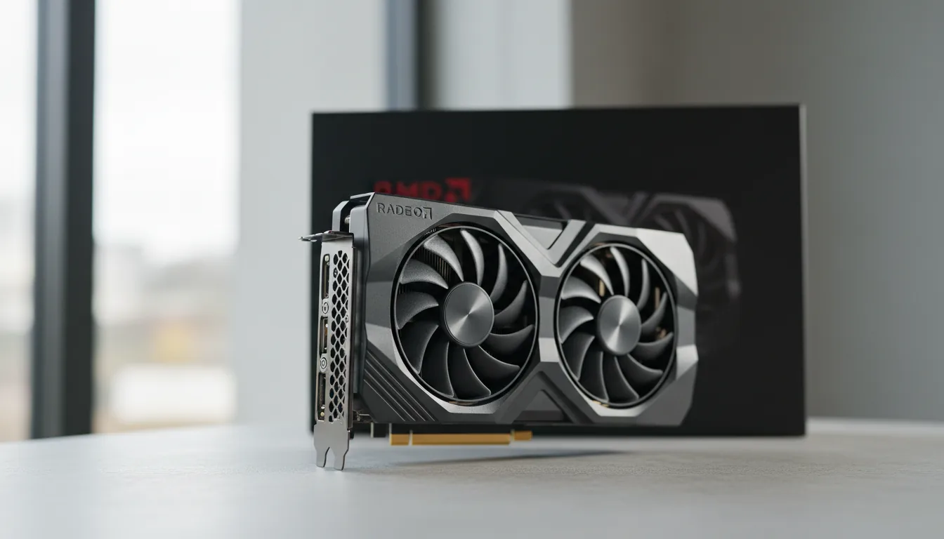 DSLR product shot of a black AMD Radeon RX 7900 XT graphics card standing upright at an angle on a light grey tabletop. The matte black, triple-fan shroud is in tack-sharp focus, highlighting the design of the fan blades and subtle geometric accents. In the background, the dark product box is slightly blurred, creating a shallow depth of field. The scene is evenly lit by soft, natural daylight.