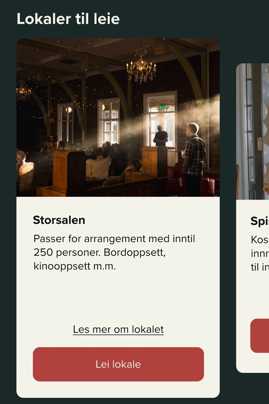 Home screen detail: the Storsalen room card with Les mer om lokalet and Lei lokale, and the next room card starting at the right edge