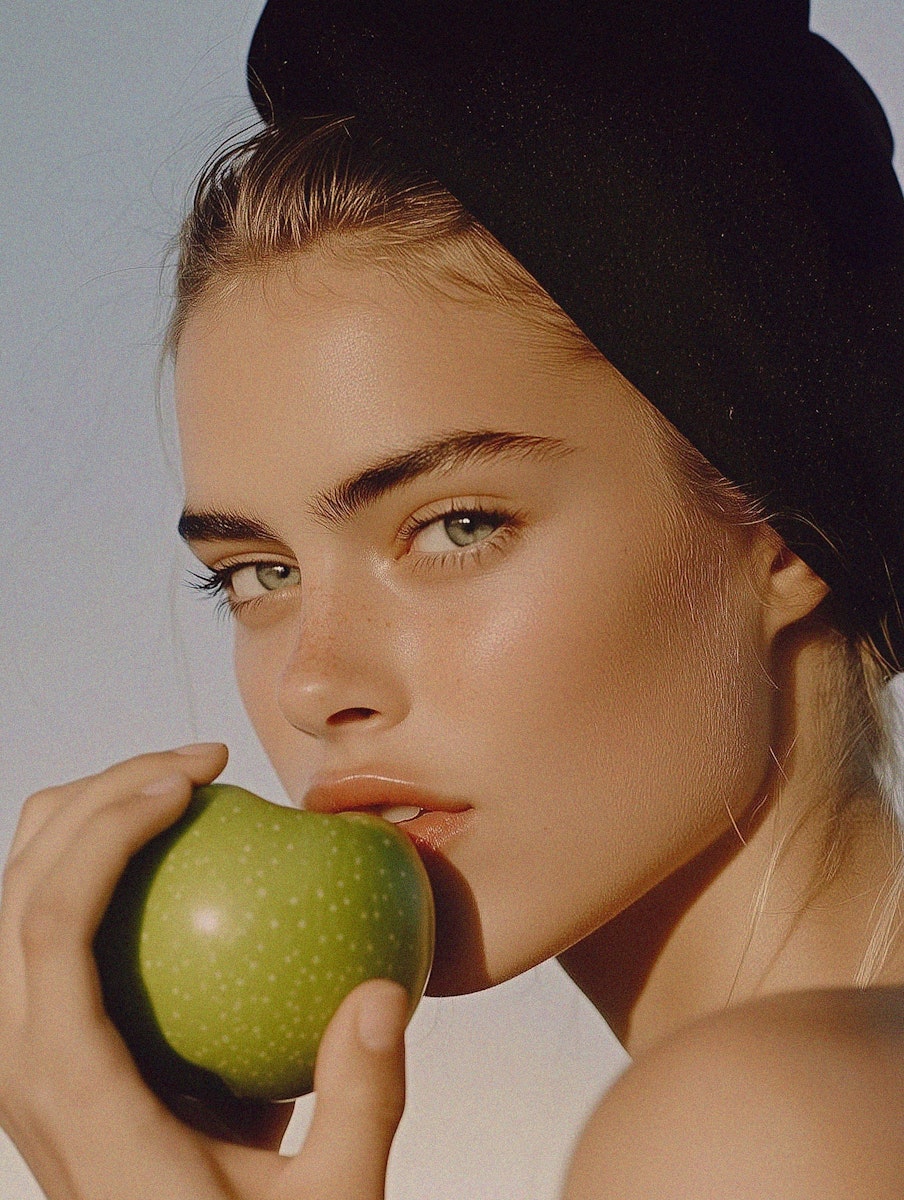 A close-up of a woman with a black headscarf holding a green apple near her lips, gazing intently.