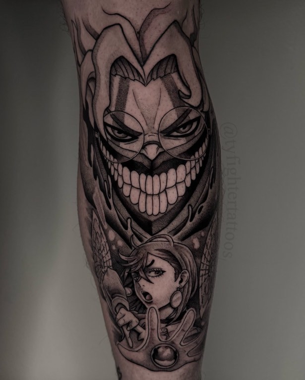 This sleeve design highlights Okarun's transformation and Momo's psychic powers, with meticulous dot shading and a commanding composition. The sharp contrasts and detailed expressions emphasize their intense bond, creating a visually powerful black-and-grey tattoo.