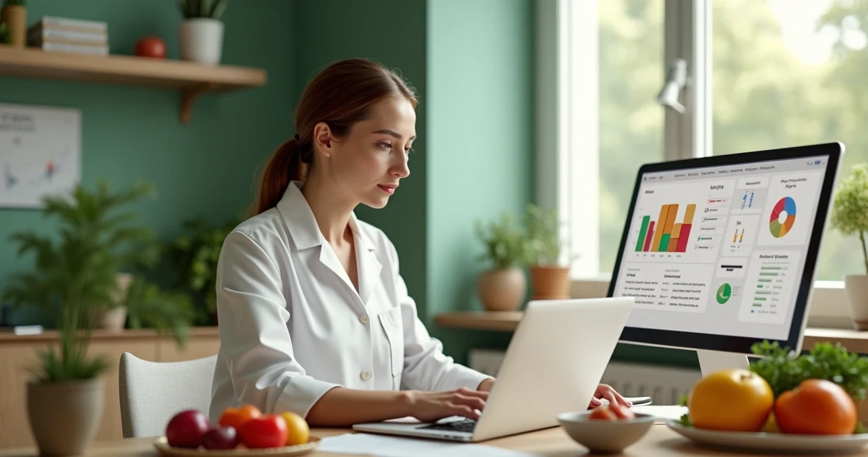 Nutricionista utilizando tecnologia em consulta com paciente 