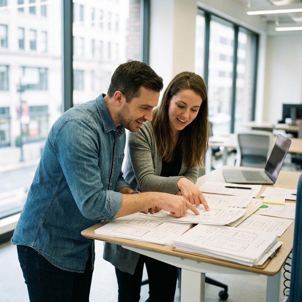 Documentary photograph of ecommerce team reviewing post-purchase upsell strategy