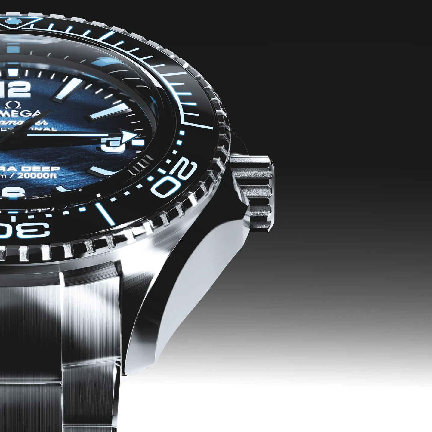 Omega Seamaster watch side view with stainless steel details