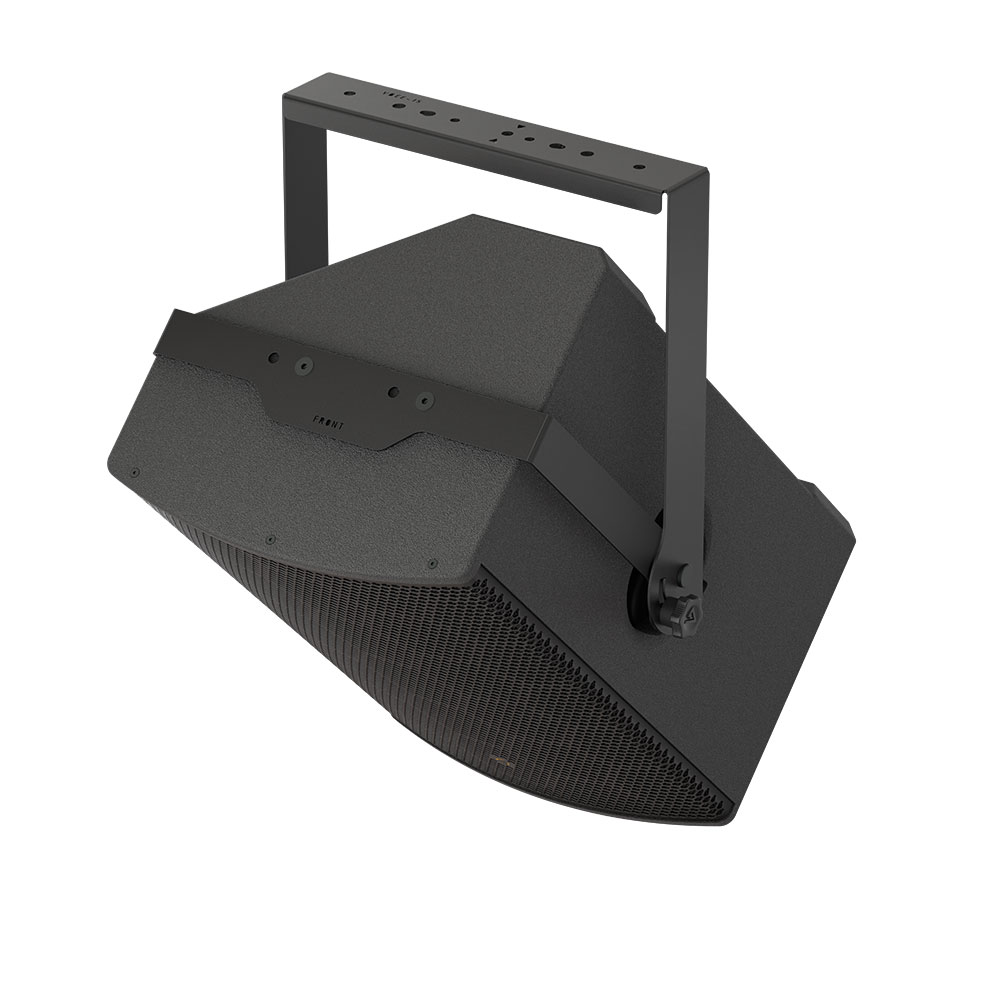 Black speaker with mounting bracket, white background
