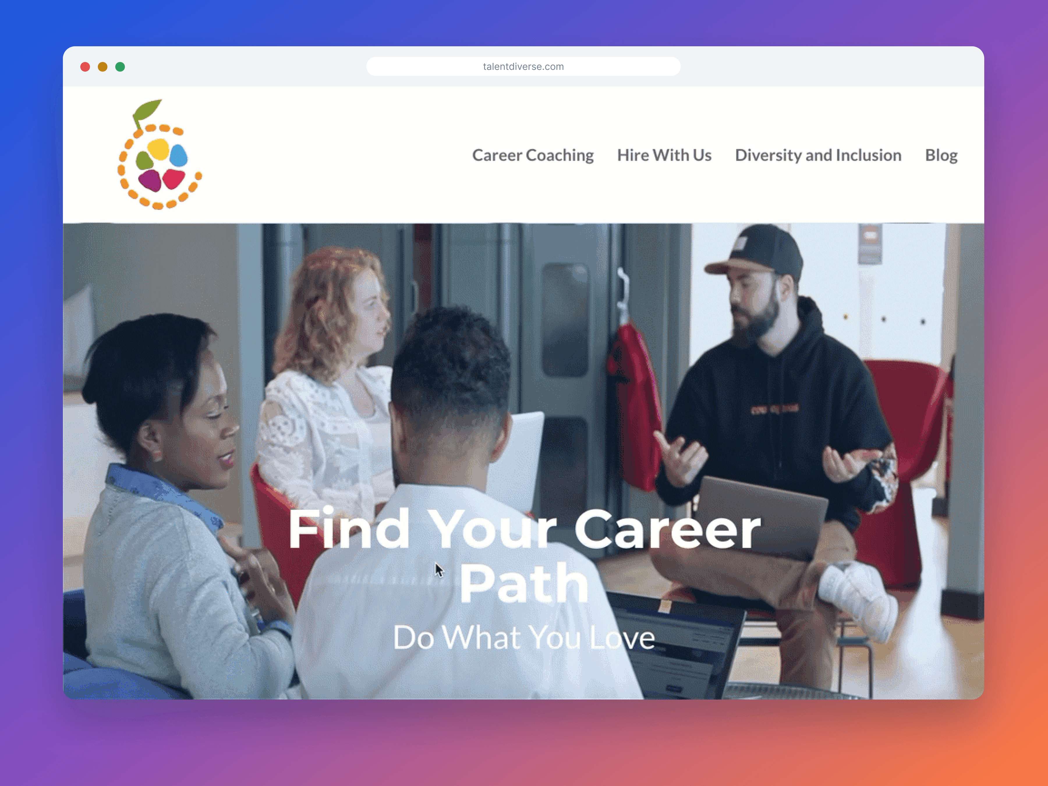 A group of diverse individuals engaged in a discussion in a modern office setting with text on the image that stays find your career path. This image represents UX and website design done for Talent Divers.