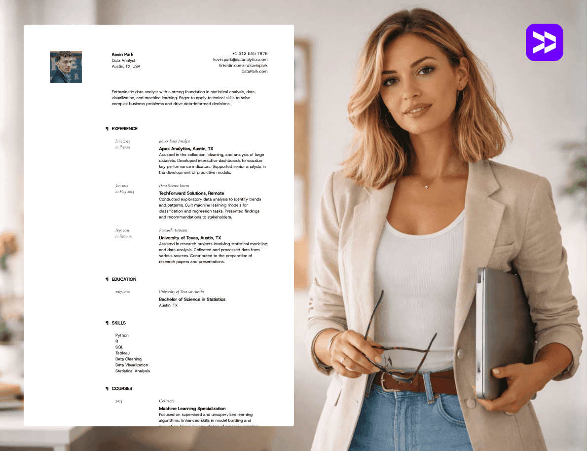 Data analyst CV example in professional office setting