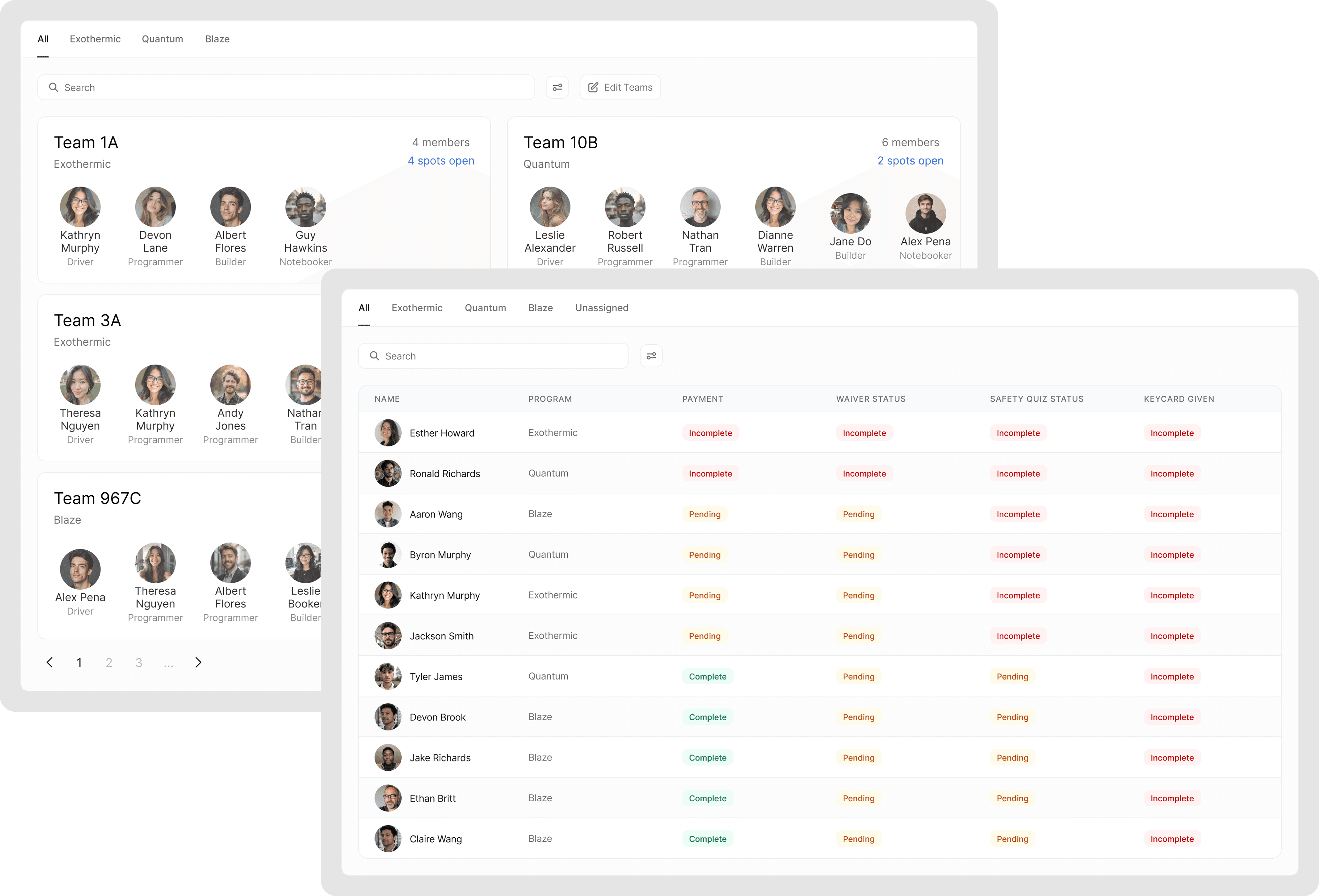 Student and Team search page