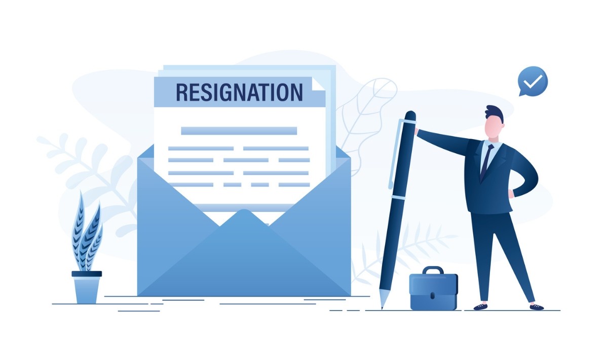 Illustration of professional standing beside a large envelope with a resignation letter and pen.