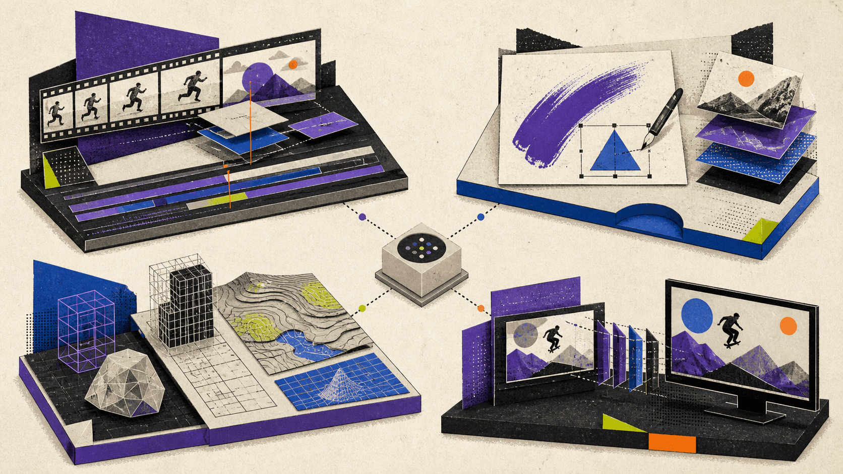 Editorial illustration comparing video, photo and 2D design, 3D and CAD, and streaming workflows around a central processing hub
