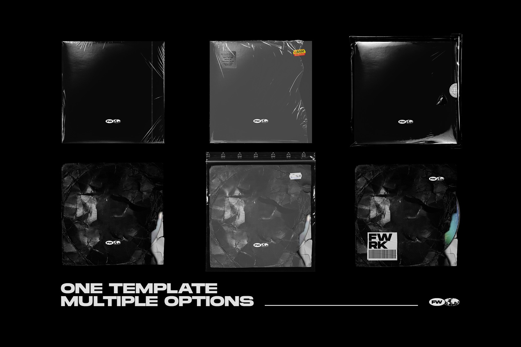 CD sleeve mockup showing multiple plastic wrapped sleeve layout variations