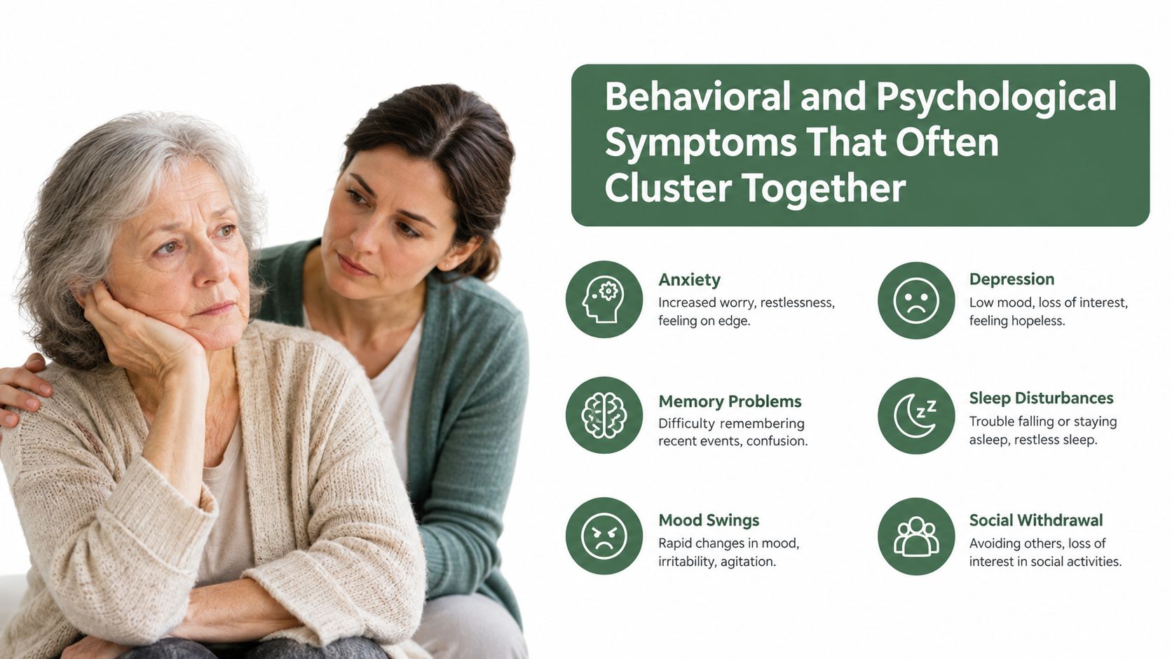 A woman offering support to an older lady while highlighting six behavioral and psychological symptoms of dementia.