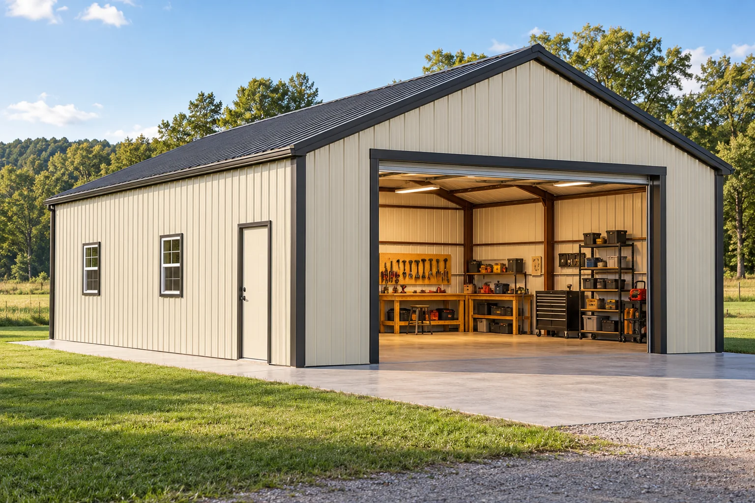 Illustrative concept of a metal workshop with an open bay and workbench