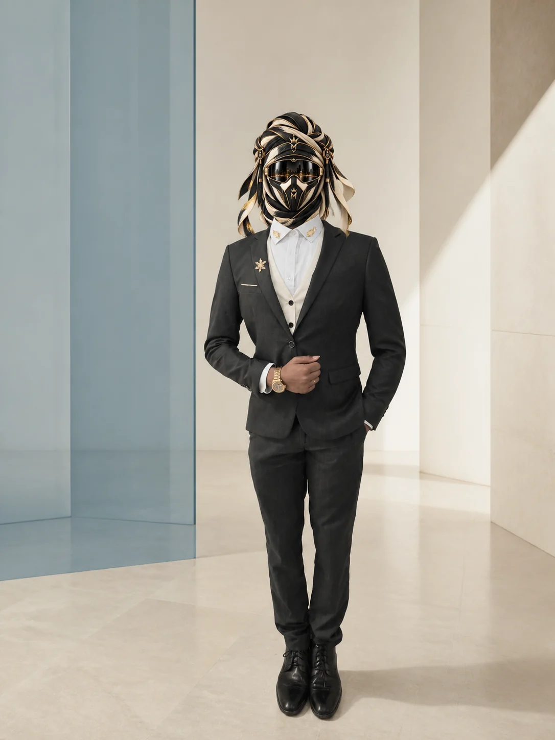 Full-length view of Brass Waistcoat, a black layered suit with a brass-colored waistcoat, white shirt and dark tie, with the official Marzelest face covering.