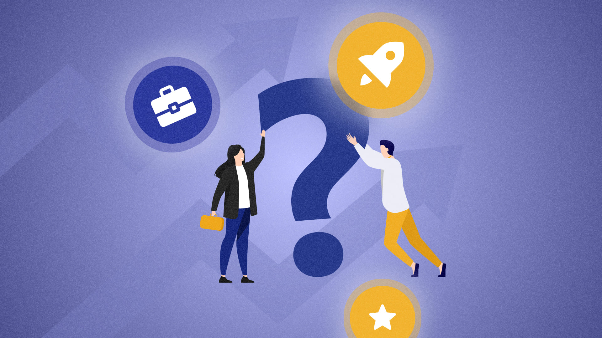 Két ember nagy kérdőjel előtt áll, üzleti döntést keresve.