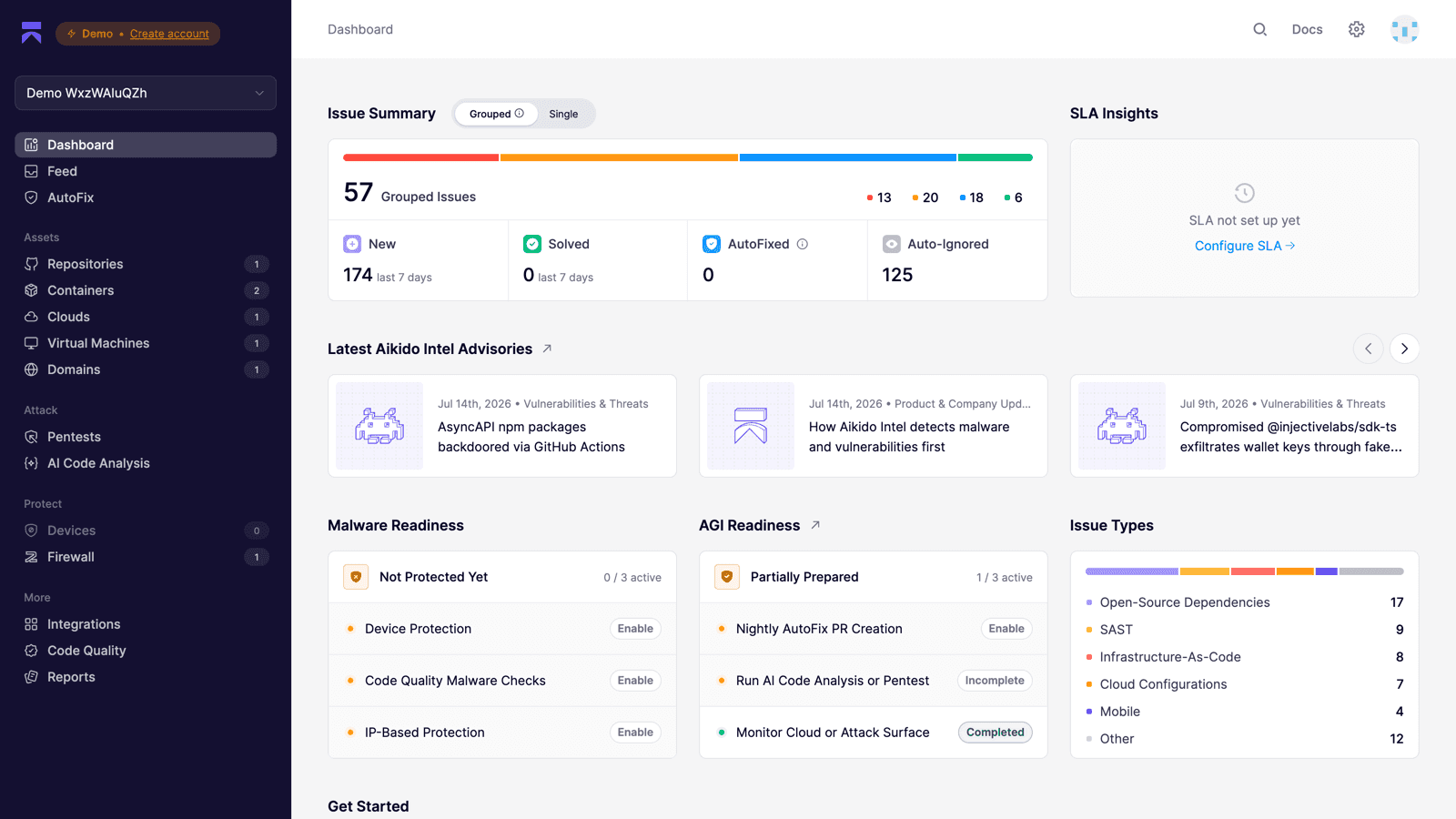 Aikido Security dashboard showing the issue summary, SLA insights, latest Aikido Intel advisories, and issue-type breakdown