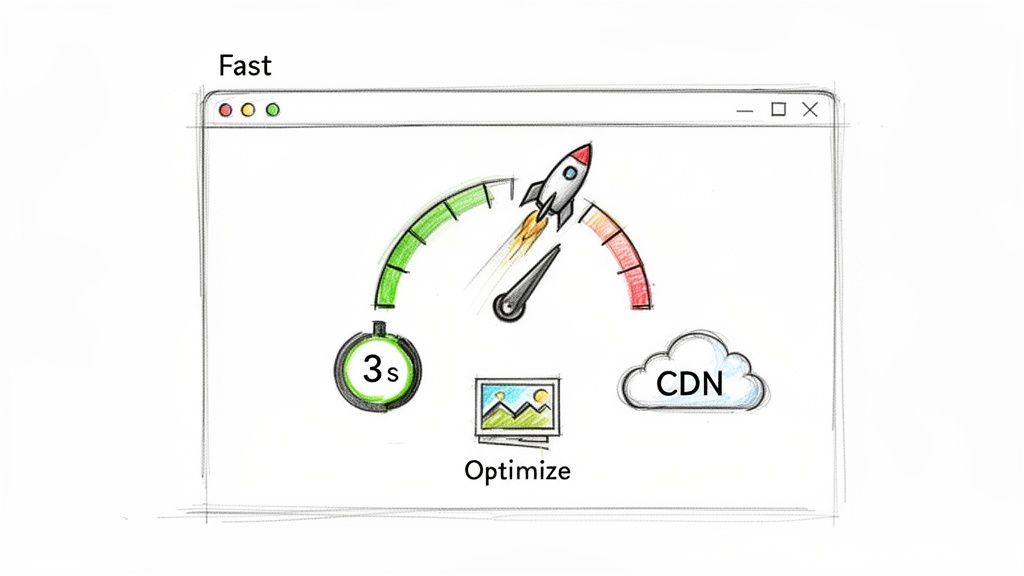 An illustration of website performance optimization, showing a speed gauge, rocket, 3s timer, and CDN.