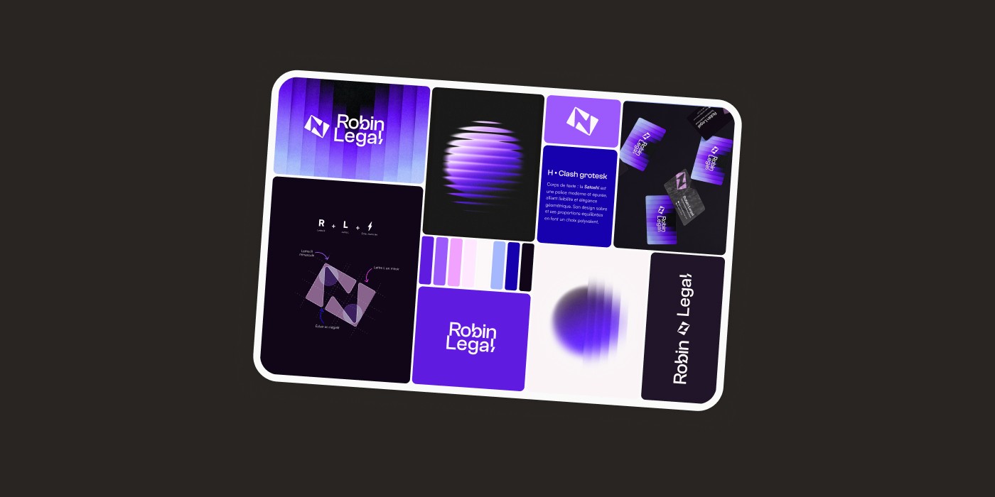 Brandboard complet de l'identité visuelle de Robin Legal réalisé par Diana SOM. La présentation inclut les différentes déclinaisons du logo, la palette de couleurs, les dégradés de violet et bleu, les typographies de titre et de corps de texte, ainsi que le schéma de construction de l'iconmark. On y voit également des applications concrètes comme la carte de visite et des textures et éléments graphiques réalisés.