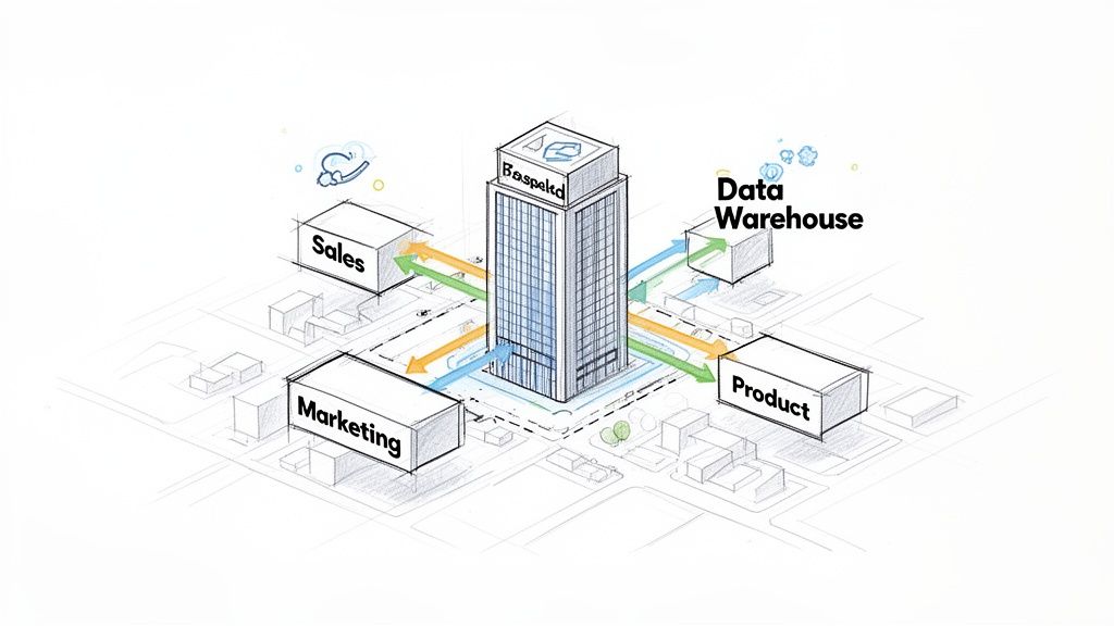 Diagram showing data flow between Sales, Marketing, Product departments, a central system, and a Data Warehouse.