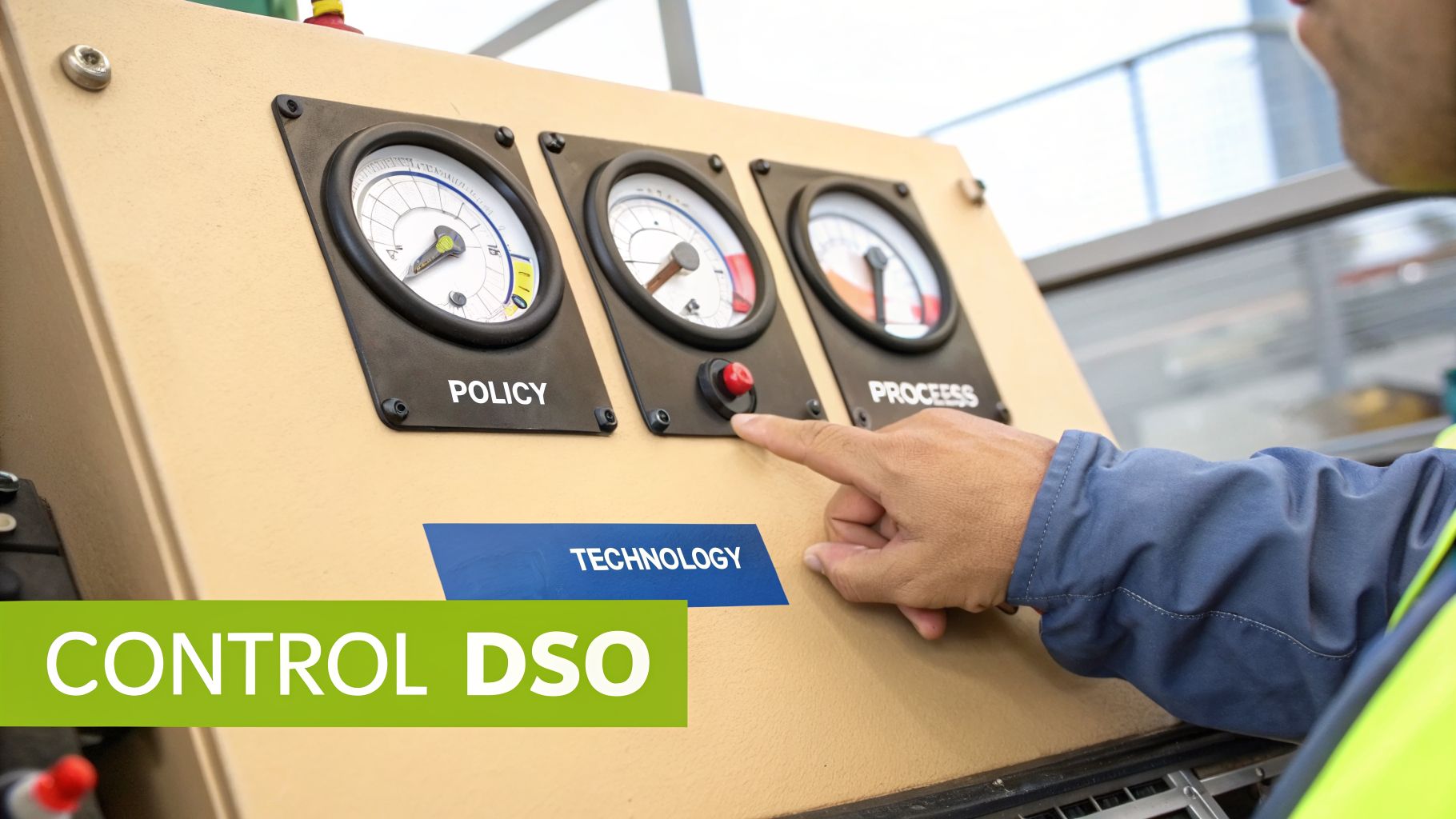 A person's hand interacts with a control panel showing gauges for Policy, Technology, and Process, with 'CONTROL DSO' text.