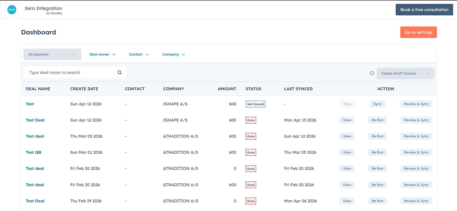 HubSpot Xero Dashboard