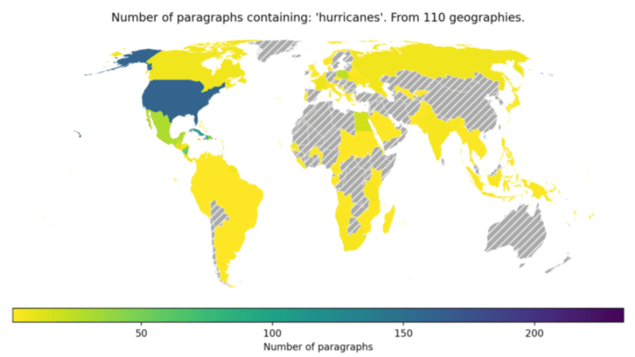 Number of paragraphs containing ‘hurricanes’ from 110 geographies