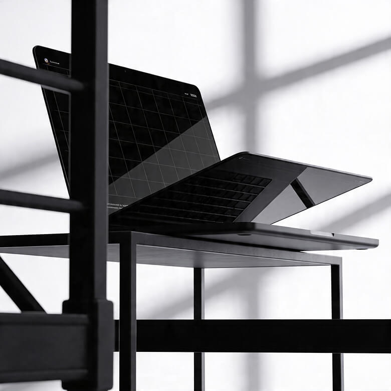 Open laptop mockup placed on a metal structure, with strong shadows creating a high-contrast editorial look.
