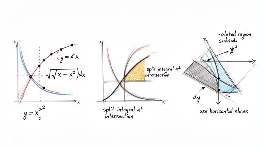 Three hand-drawn diagrams illustrating calculus concepts for finding area between curves and volumes.
