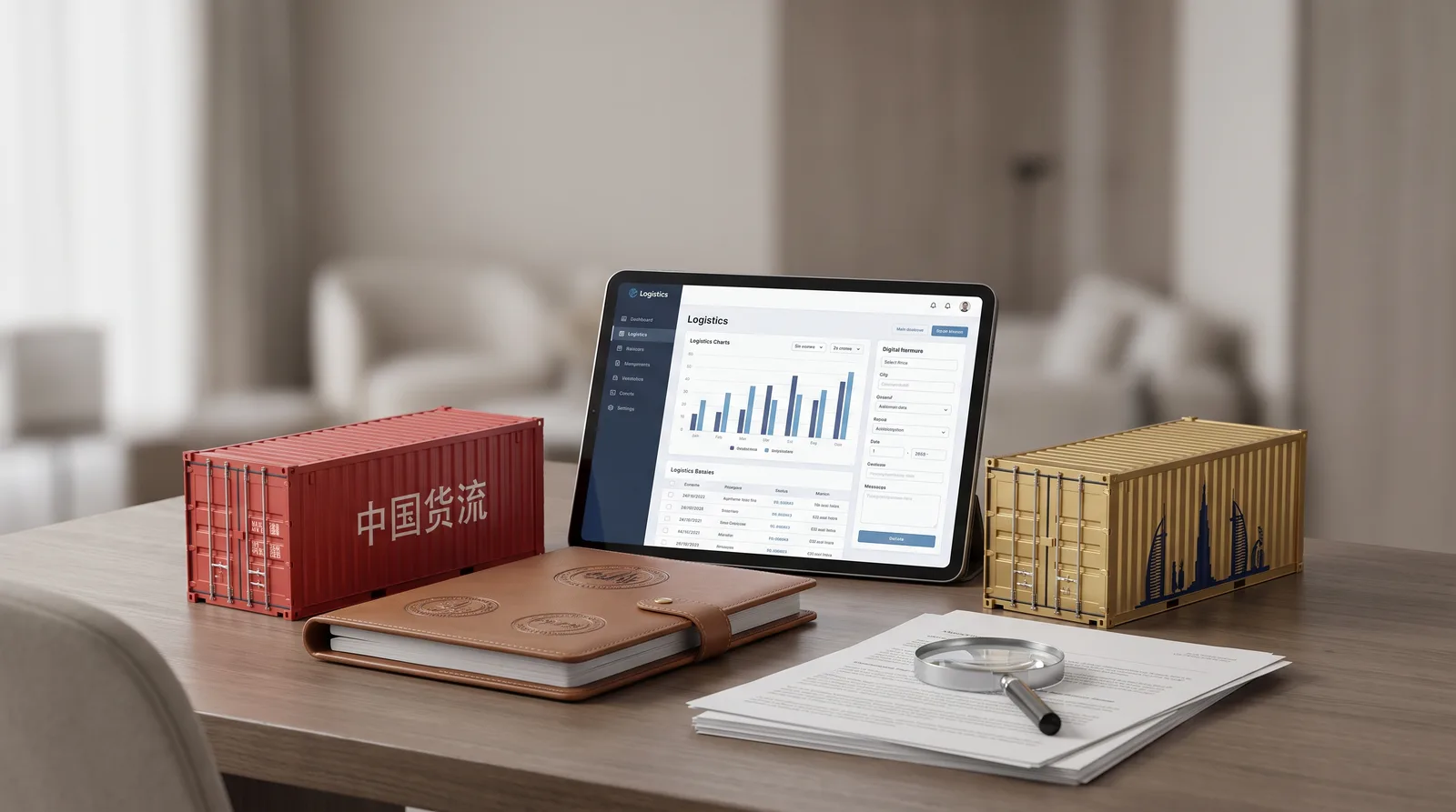 Chinese founder reviewing trade and shipping plans near Dubai port containers