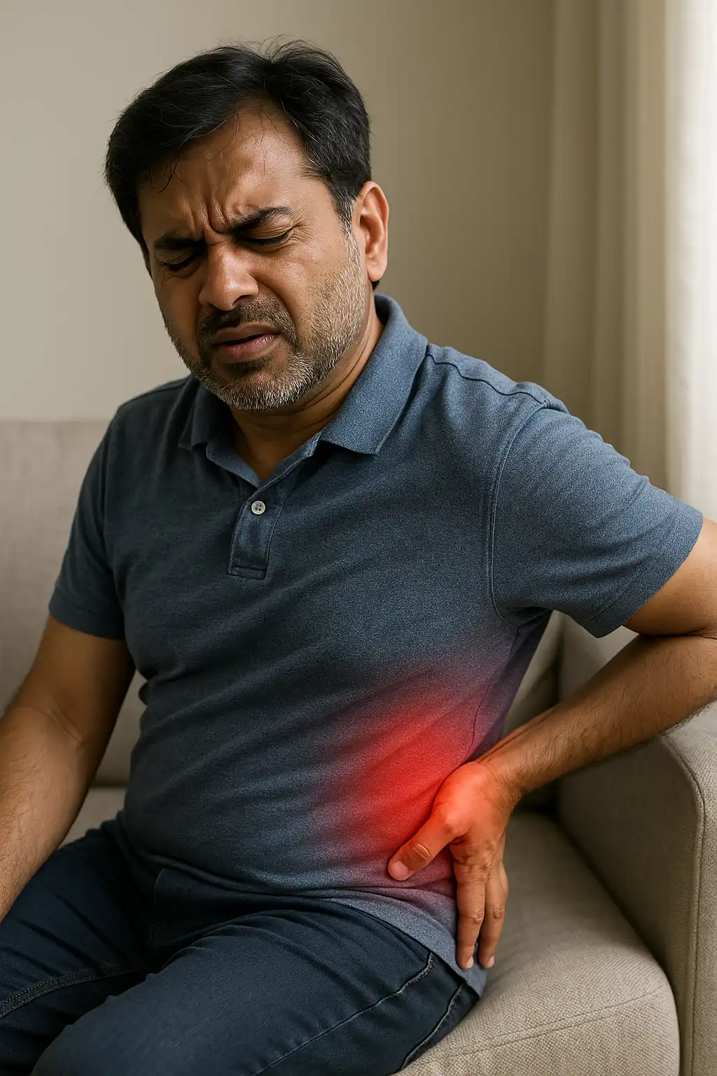 A man sitting on a sofa and holding his lower back in discomfort, showing pain and stiffness associated with a sedentary lifestyle.