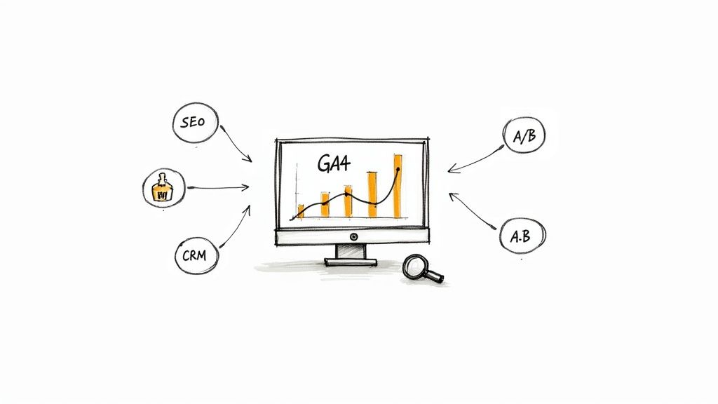 A hand-drawn diagram showing SEO, a bottle icon, and CRM feeding into a monitor displaying GA4 analytics and a growth chart, with A/B testing emerging from it.