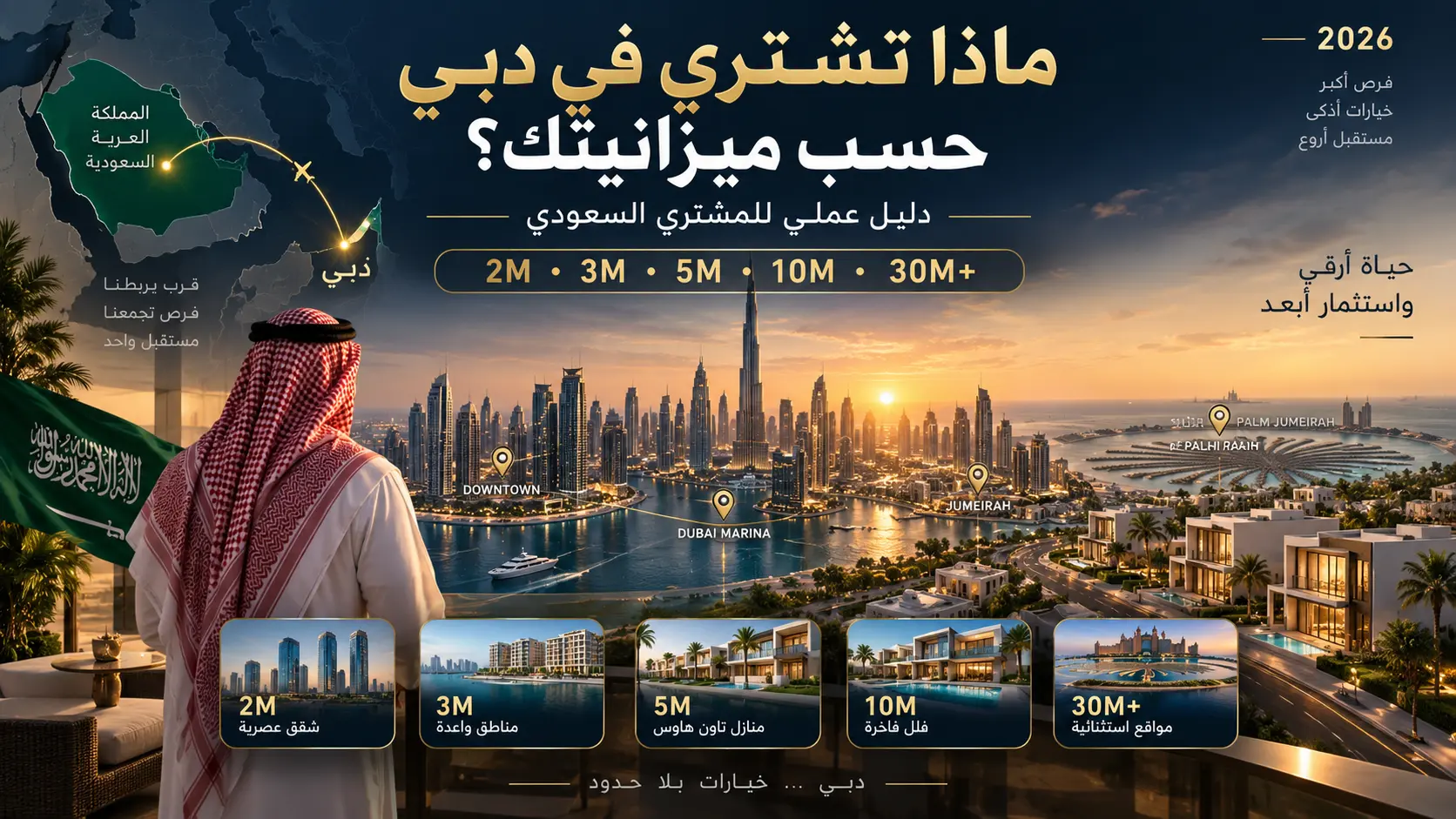 أفضل عقار في دبي حسب الميزانية للمشتري السعودي من 2 إلى 30 مليون درهم في 2026
