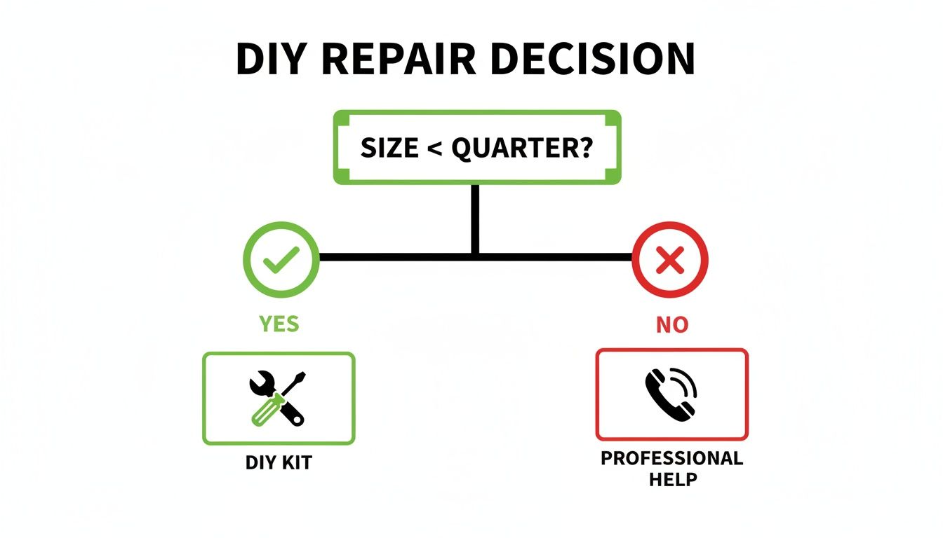 A DIY repair decision flowchart suggests using a kit for small damage and professional help for large issues.