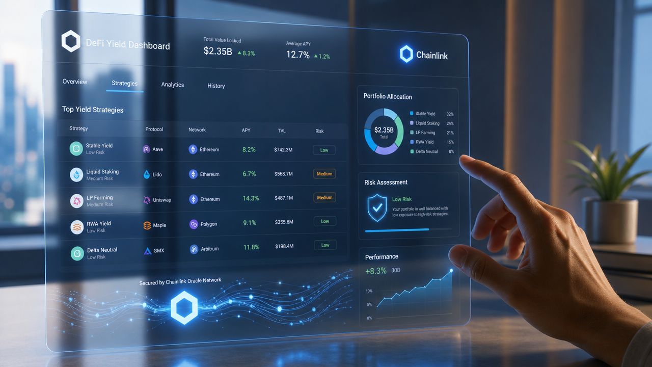 A hand interacting with a holographic DeFi yield dashboard display featuring financial data and Chainlink branding.