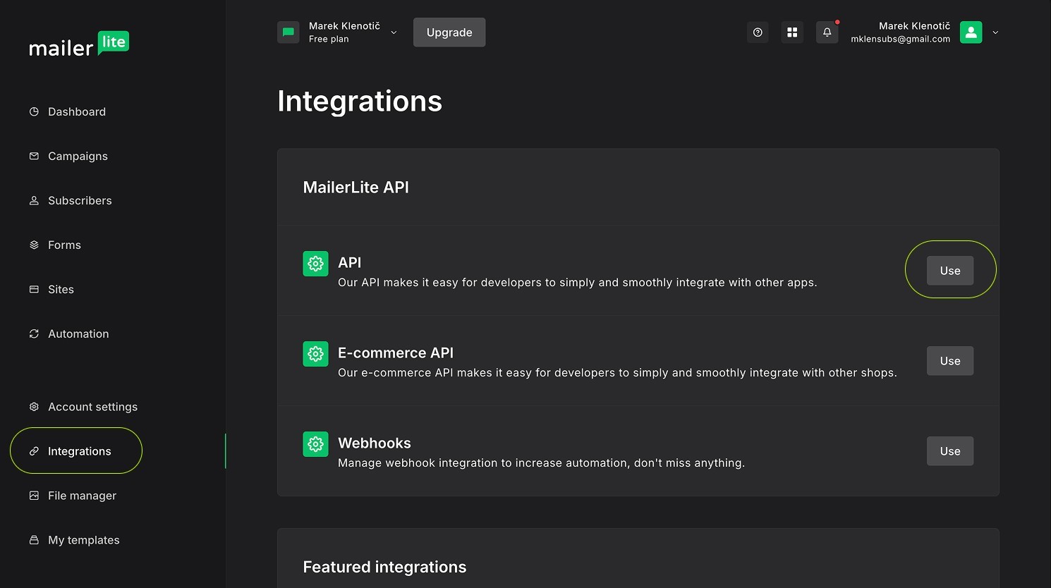 After clicking "integrations" in the left menu panel. the dark-themed settings menu displays various options with checkmarks and toggle switches, click "USE" under MailerLite API category and API option.