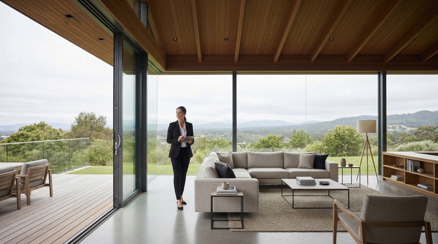 Certified appraiser inspecting living room for property valuation