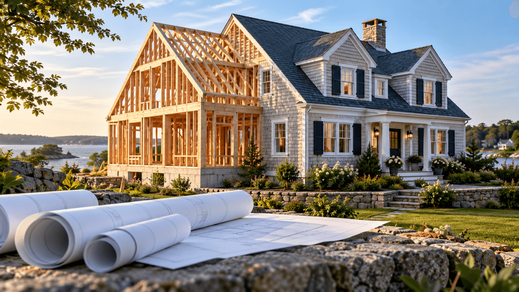 Massachusetts home transitioning from timber framing to a finished residence with construction plans