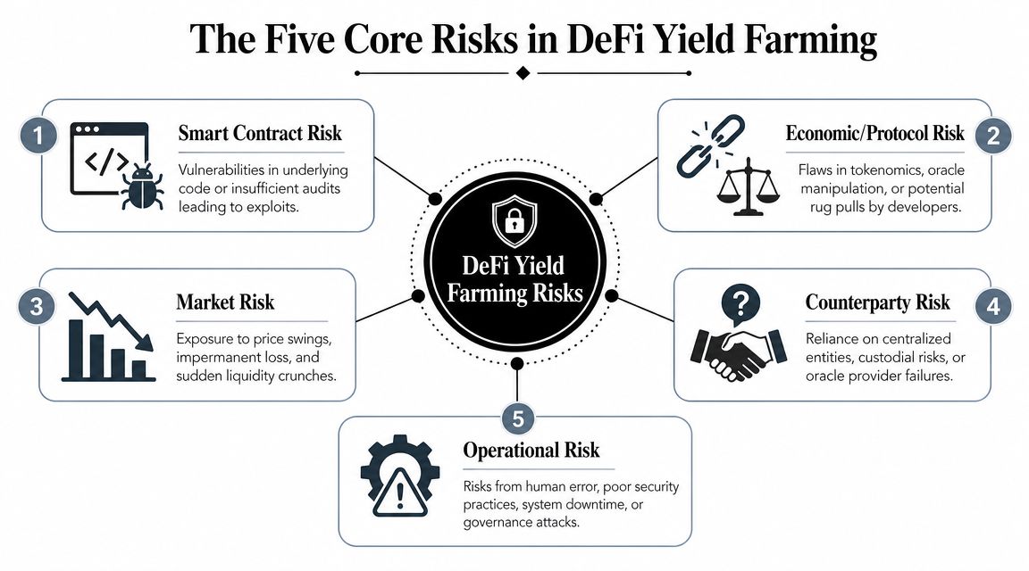 A diagram illustrating the five core risks in DeFi yield farming including smart contract, economic, market, counterparty, and operational risks.