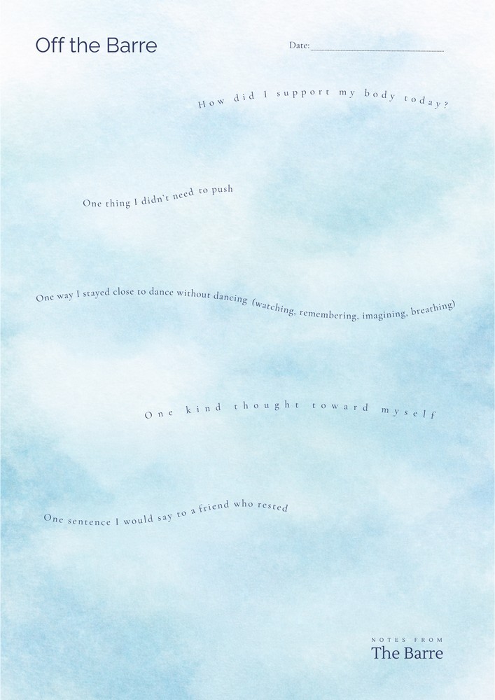 Printable Off the Barre reflection page for noticing life beyond the studio