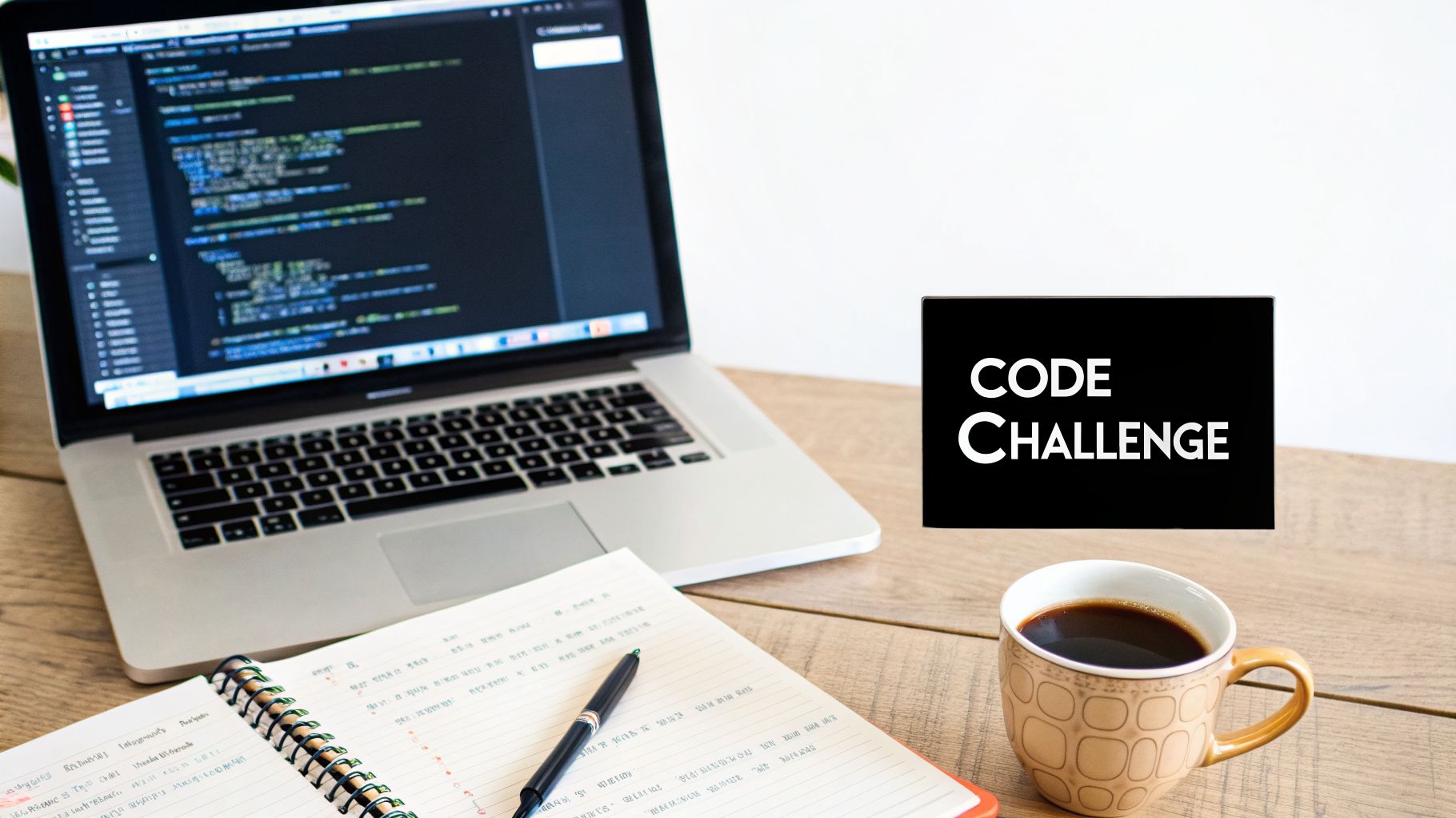 A developer's desk with a laptop showing code, a notebook, coffee, and a 'Code Challenge' sign.