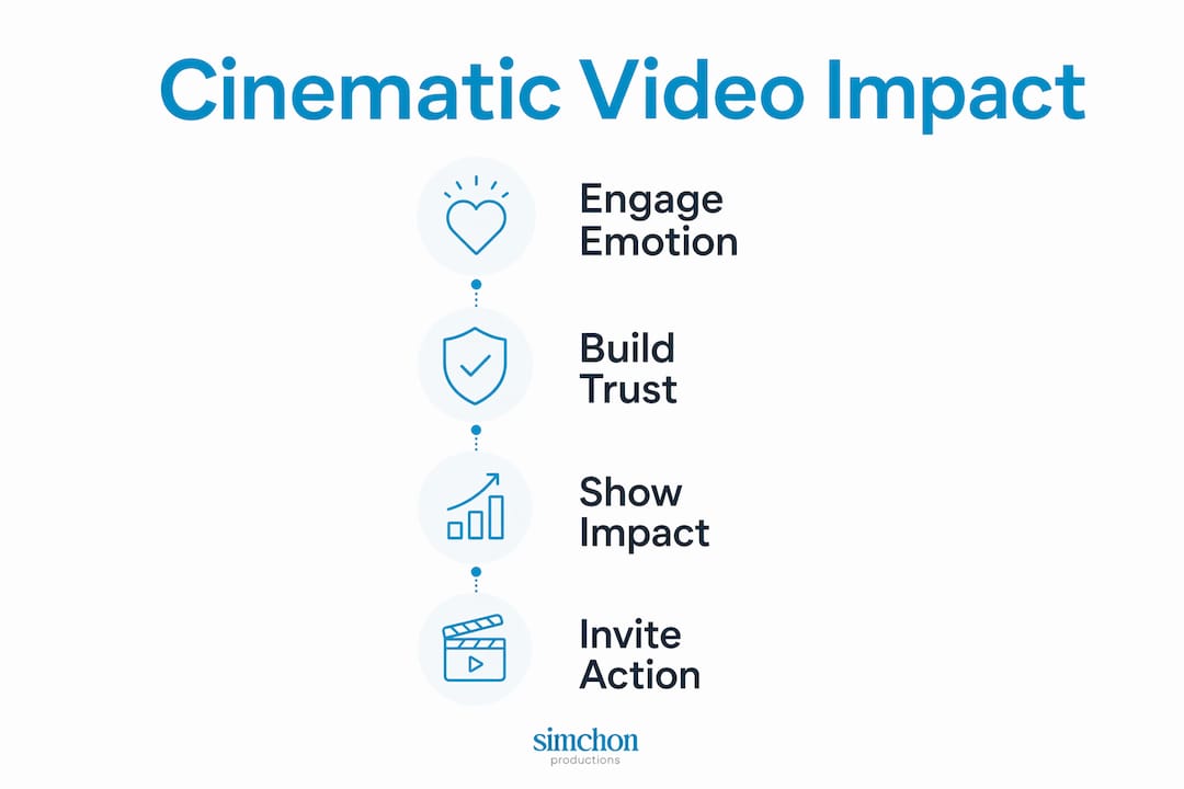 Infographic showing steps how cinematic video moves donors
