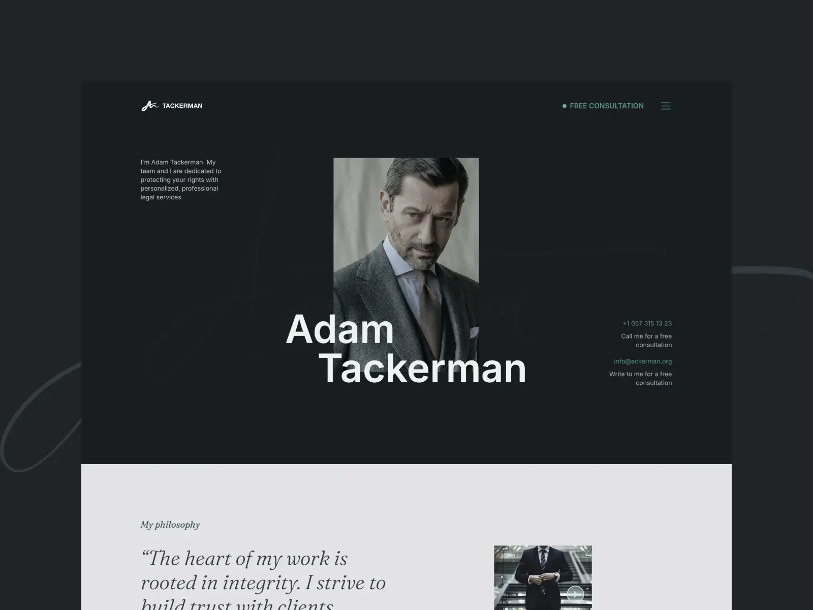 Featured preview of Tacker, a law firm Framer template featuring a modern attorney website with a professional dark design and consultation-focused homepage.
