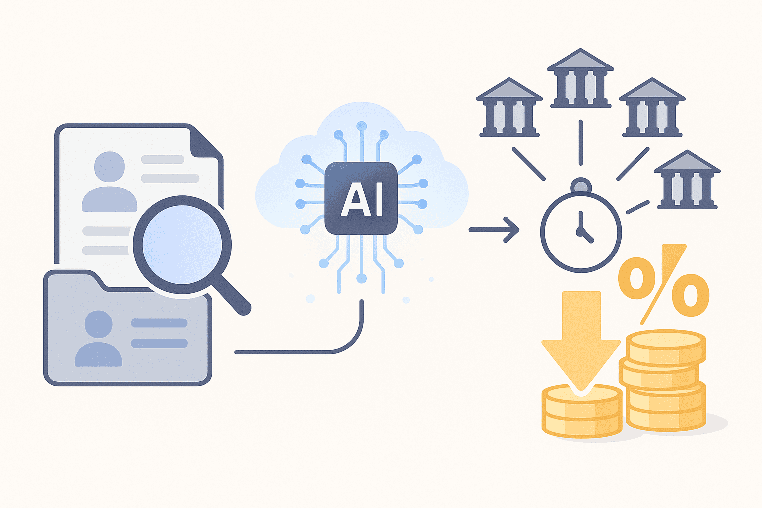 Flow diagram of borrower data entering an AI chip that connects to many banks and outputs a lower interest rate