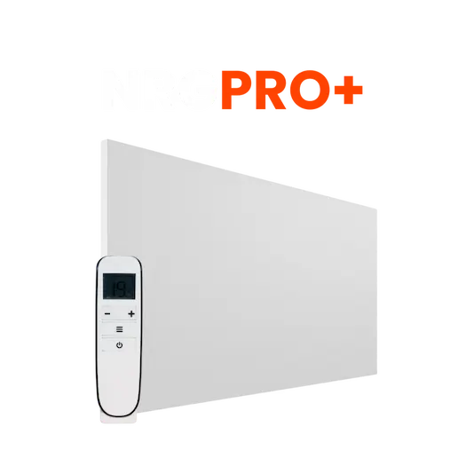 Image of rectangular, White infrared panel and remote control with clear background with 'NRGPRO+' text above referring to the range of infrared heater.