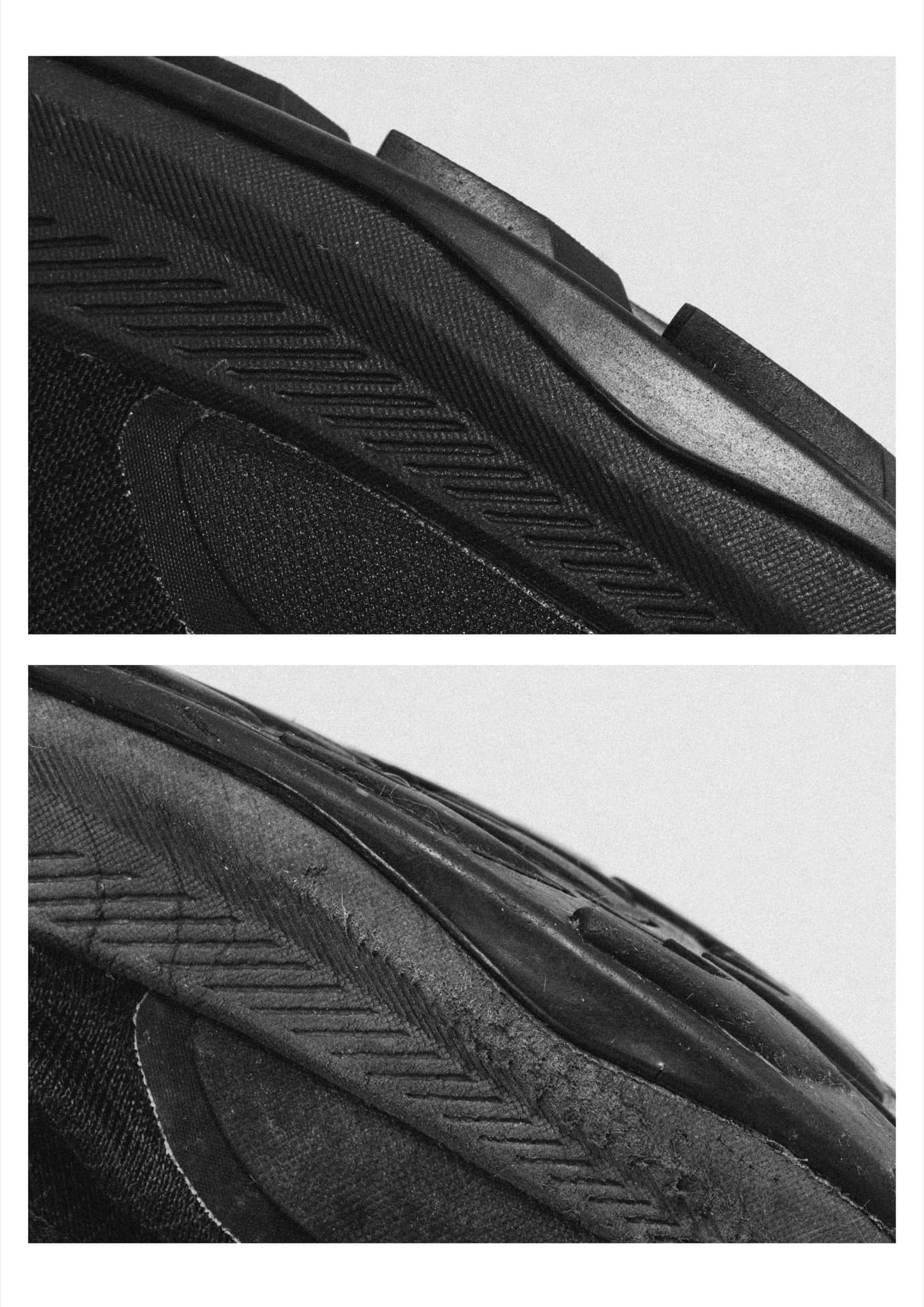 Worn Altra trail running shoe midsole showing chevron tread pattern and dirt accumulation on foam