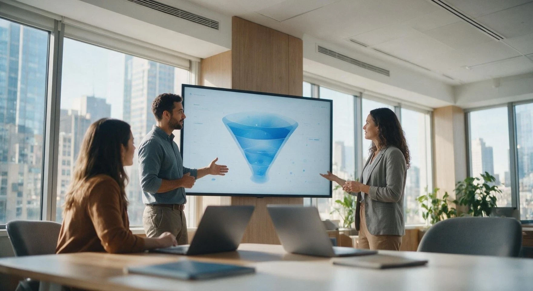 TA team reviewing a talent funnel dashboard on a screen in a modern office