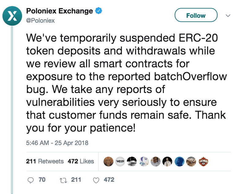 ERC-20 토큰에 대한 거래를 일시 정지한 Poloniex
