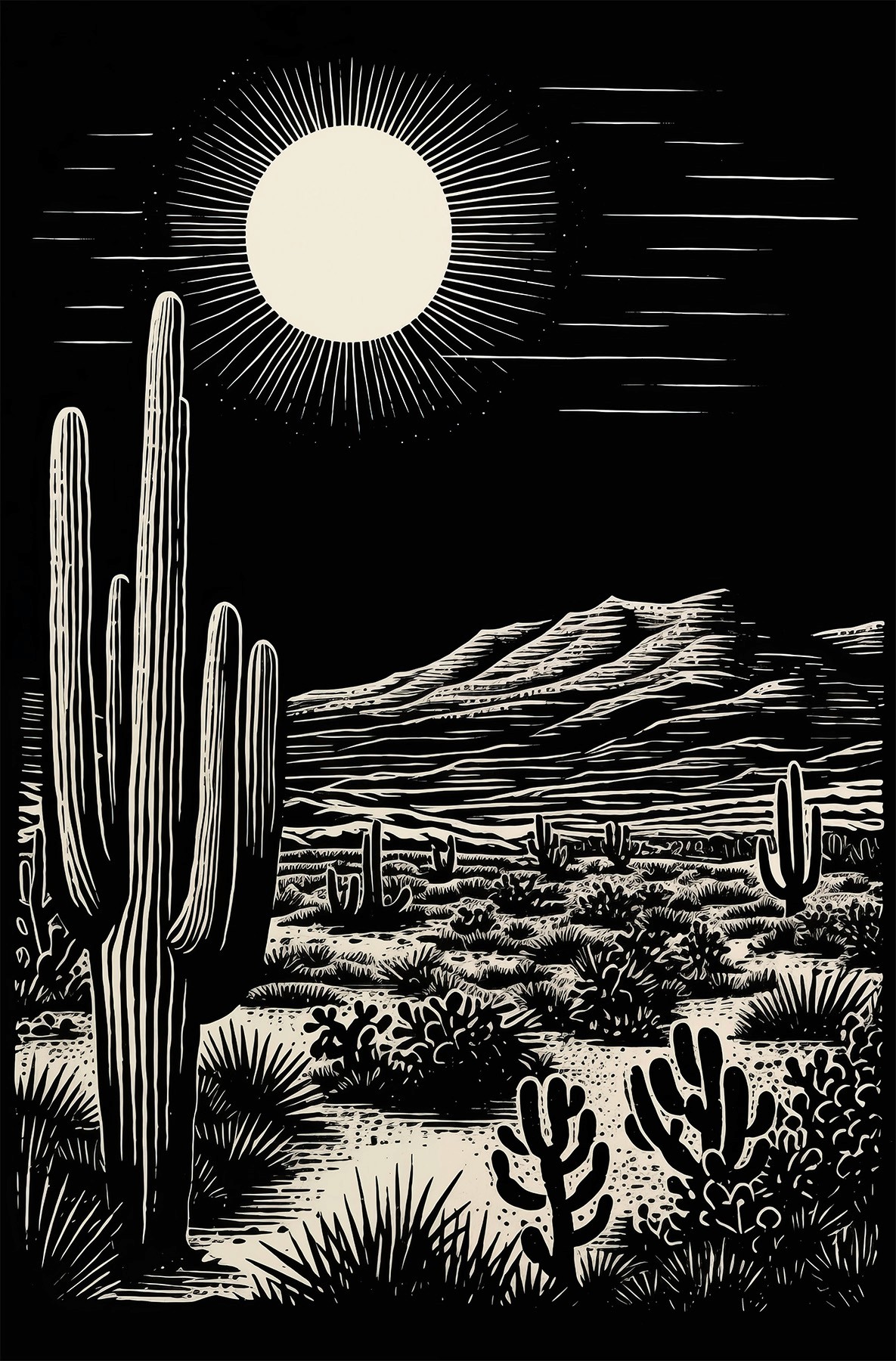 Folk Fable AI Black & White desert print