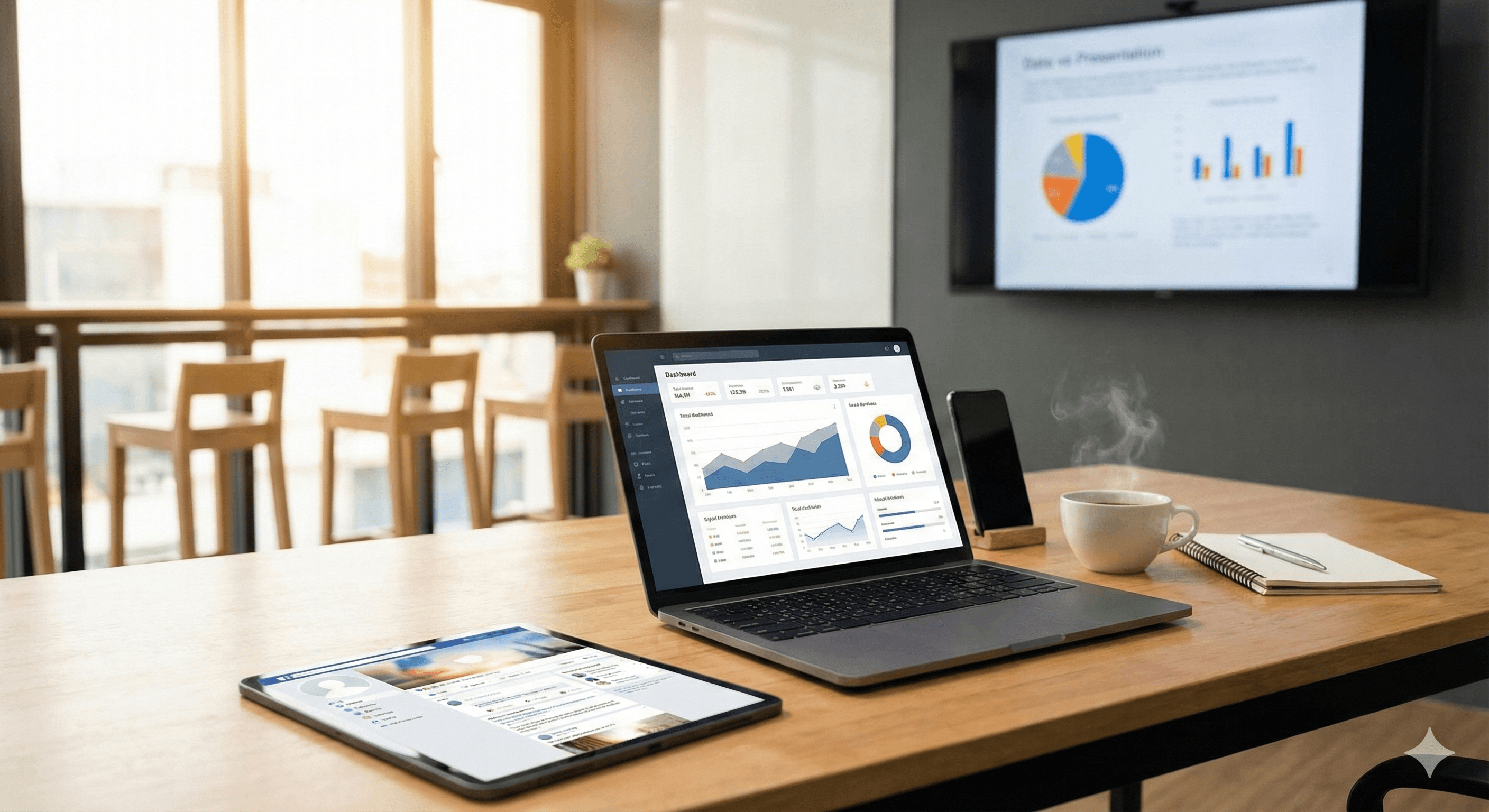 Modern office workspace with laptop displaying analytics, tablet, smartphone, and coffee cup on wooden desk.